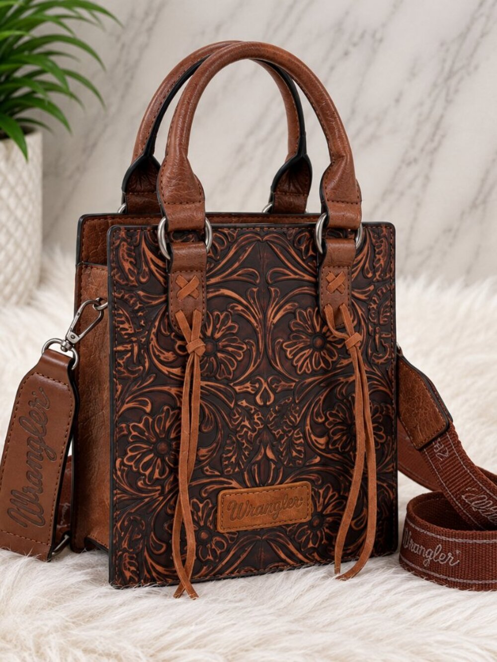 Wrangler Brown Tooled Western Crossbody Tote Bag